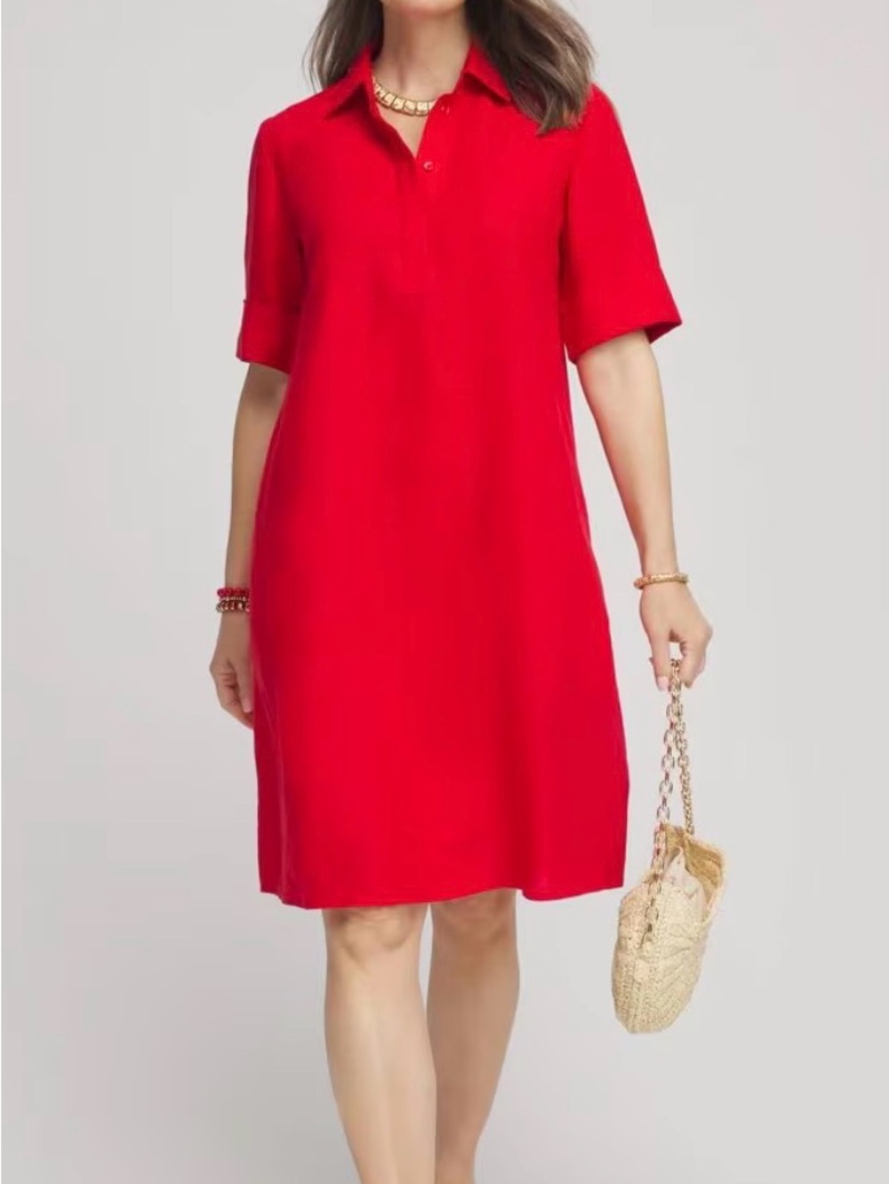 Chicos Tunic Shirt Dress Small Red 100% Linen Button Up Lagenlook Lightweight